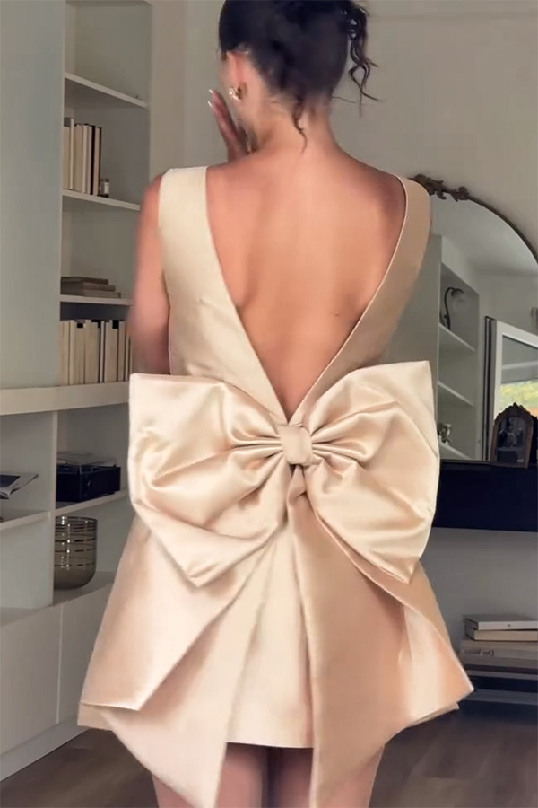 Mini waist cinching sexy satin oversized bow detail square neck mini dress-consonak