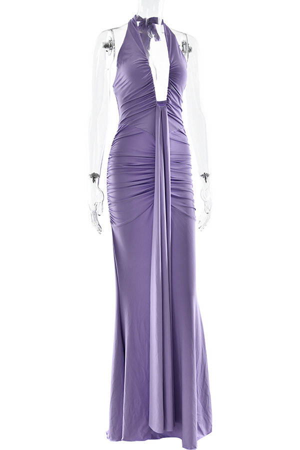 Solid Color Elegant Halterneck V-neck Open Back Tie Gathered Maxi Dress-consonak