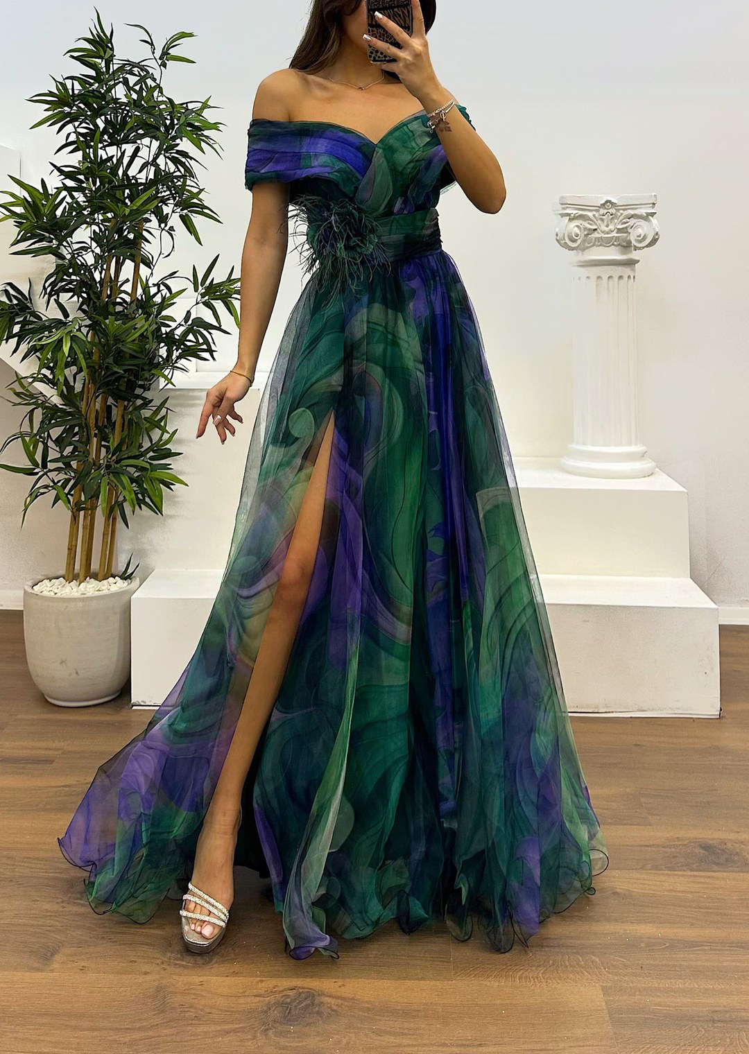 Fairy Flower Feather Pendant Elegant Fallen Fold Off Shoulder Party Split Design Long Dress-Consonak