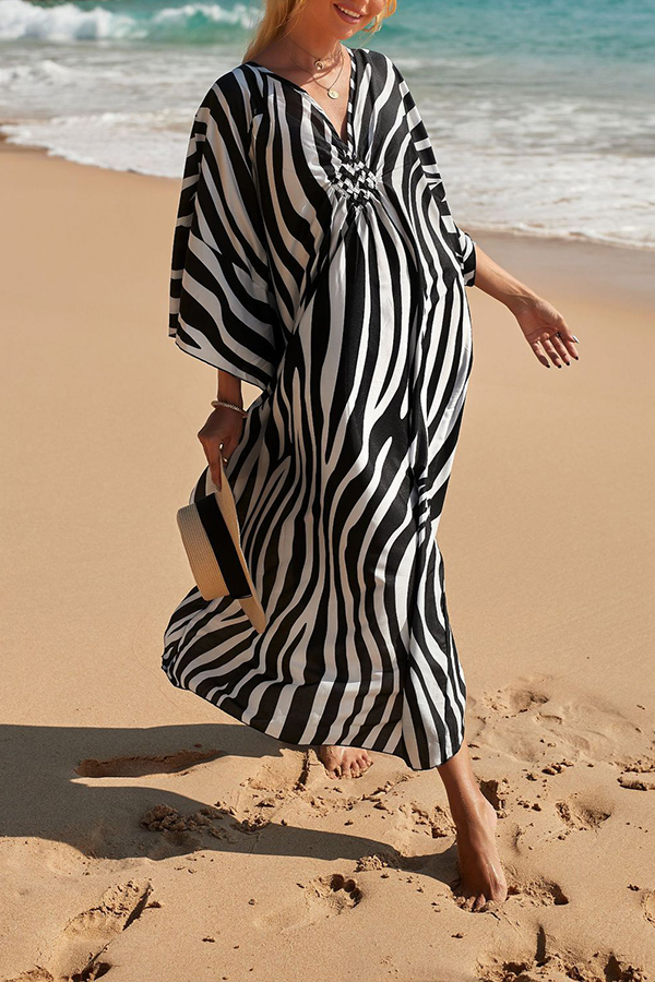 Simple Unique Printed Pleated Front Slit Cover Up-consonak