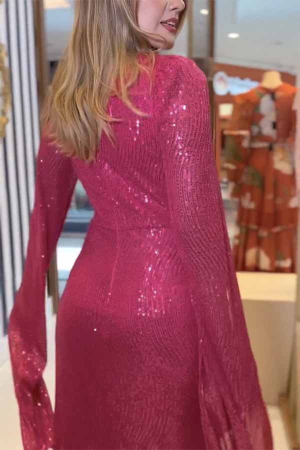 Shine Brighter Sequin Cape Sleeve Cross Waist Evening Maxi Dress | Consonak