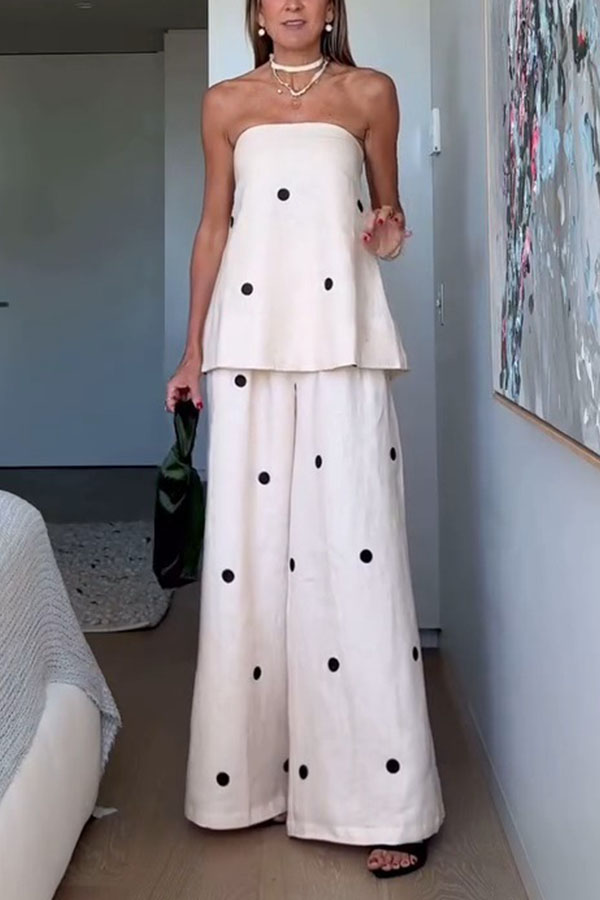 Linen Blend Polka Dot Bandeau Top and Elastic Waist Pocket Wide Leg Pants Set-consonak