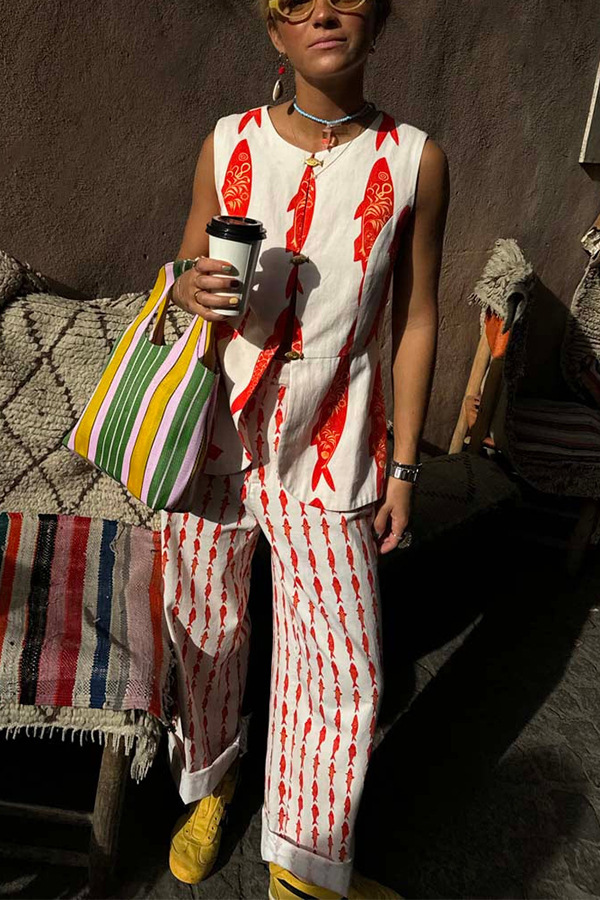 Good Luck Linen Blend Koi Pattern High Rise Elastic Waist Loose Pants-consonak