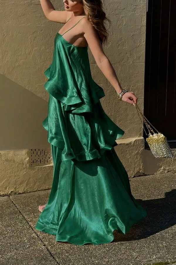 Soft and Smooth Satin Tiered Slip Square Neck A-line Maxi Dress | Consonak
