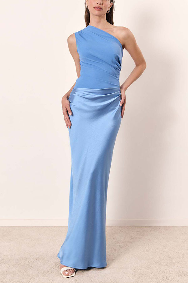 Kaia Satin Contrast Fabric Patchwork One Shoulder Ruched Maxi Dress-consonak