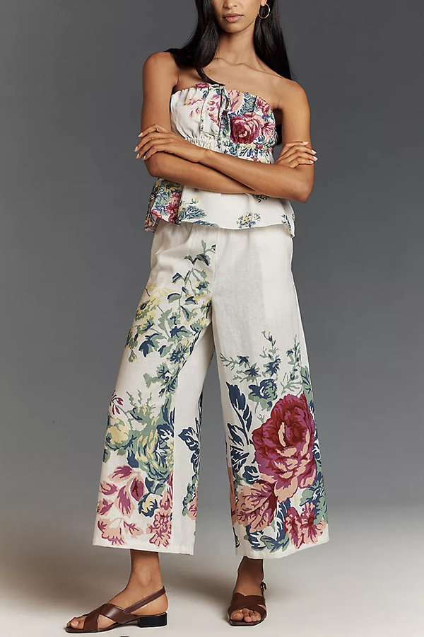 In To The Summer Linen Blend Floral Print Elastic Bandeau and Elastic Waist Pocket Loose Pants Set-consonak