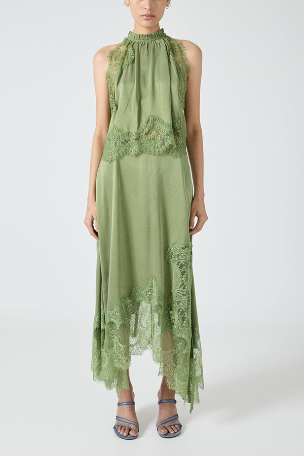 Modern Muse Satin Lace Trim Pleated Neck Top and A-line Irregular Slit Skirt Set | Consonak