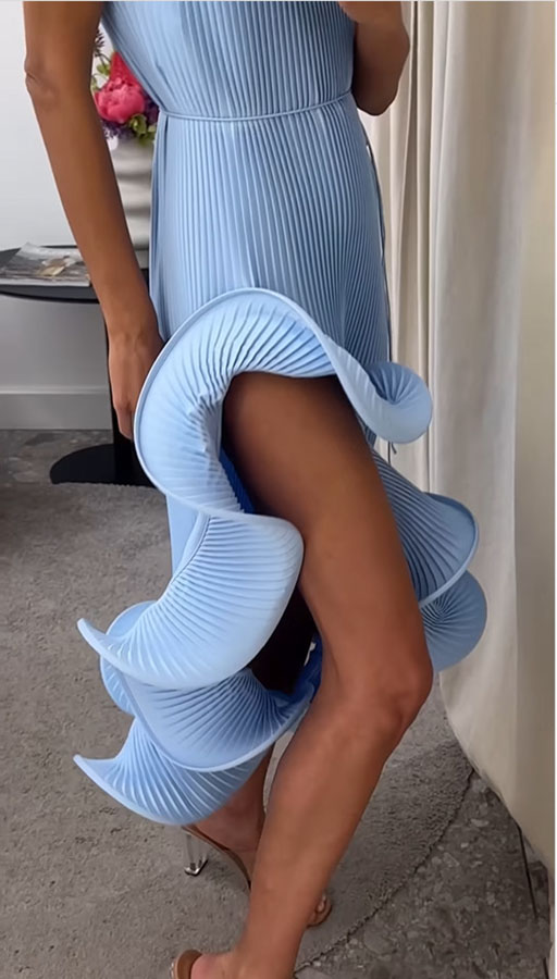 Solid Color Sleeveless Waist Tie Irregular Ruffle Slim Midi Dress | Consonak
