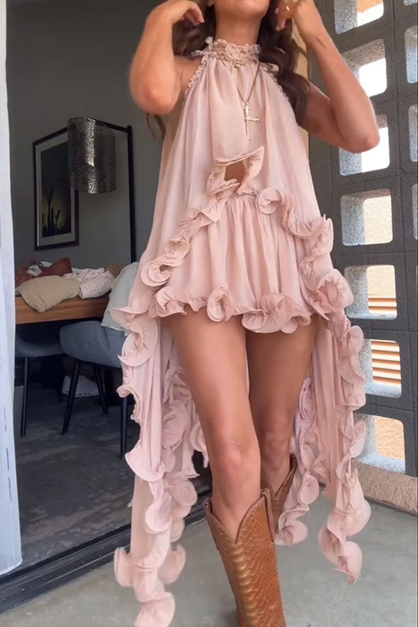 Romantic Drama Chiffon Wavy Ruffles Halter Irregular A-line Top | Consonak