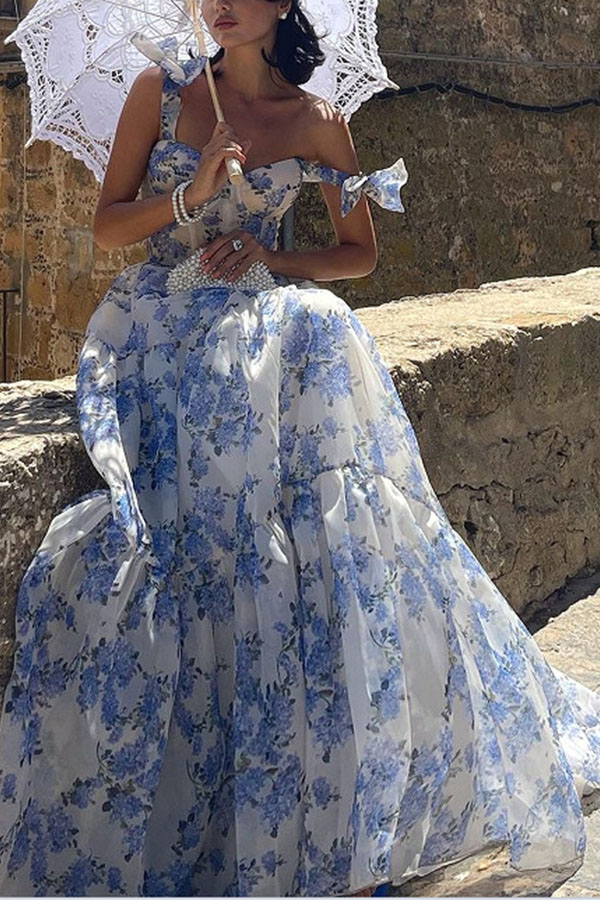 Fairytale Itself Organza Floral Print Tie Strap Maxi Dress | Consonak