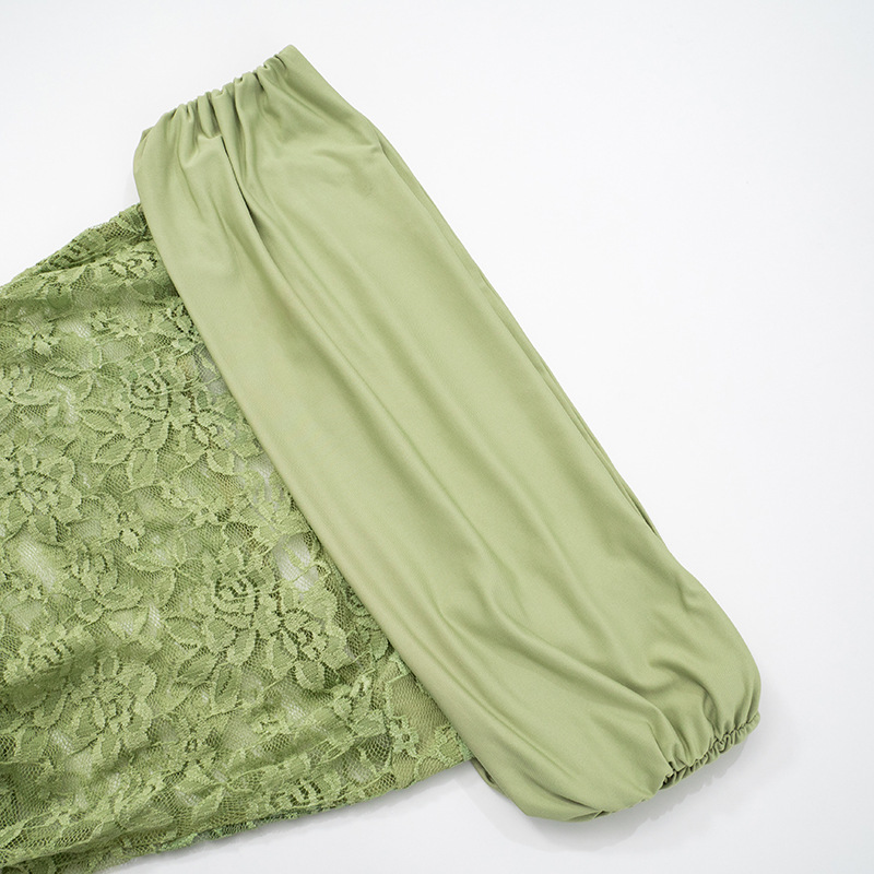 Women's Spring/Summer New Solid Color Off Shoulder Splicing Lace Extra Long Slimming Dress-consonak