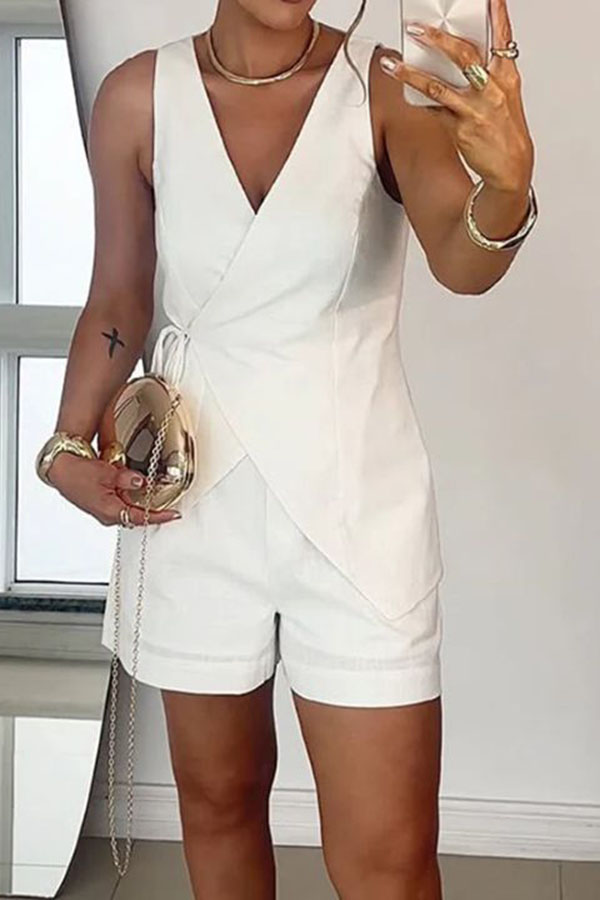 Solid Color Casual Sleeveless V-neck Top and Loose Shorts Set-consonak