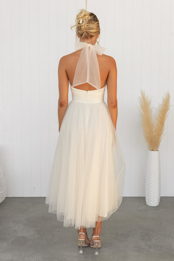Fairy Vibes Tulle Gathered Detail Halter Maxi Dress-consonak