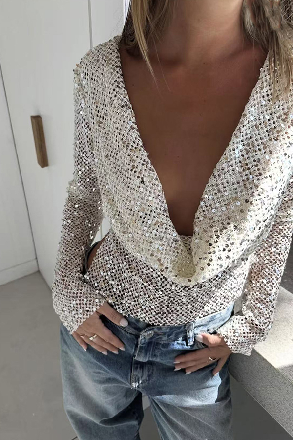 Fashionable Sequined Fishnet Casual Long-sleeved Top