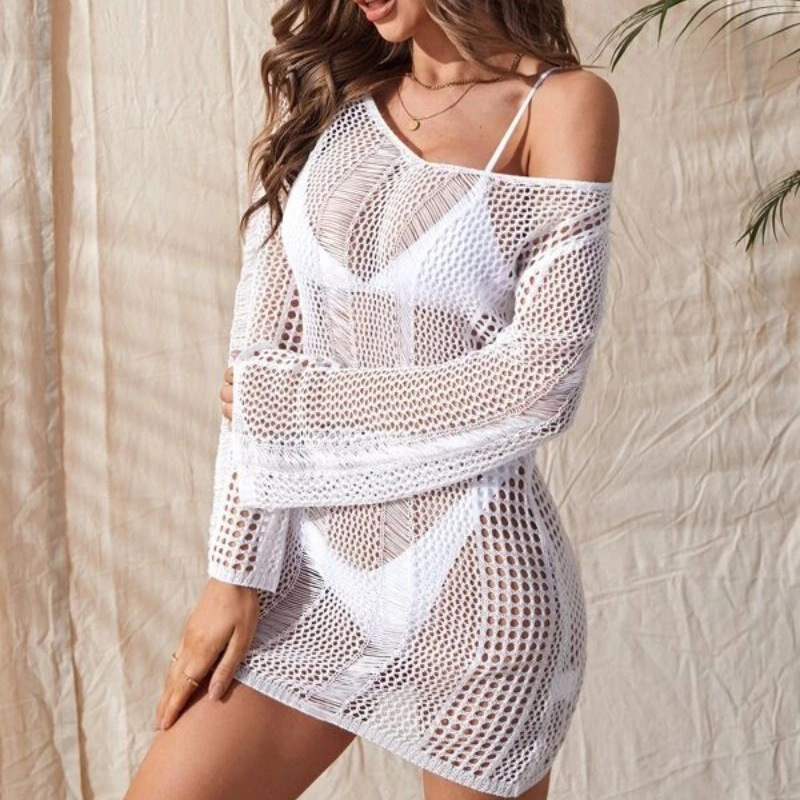 Attractive Knitted Cutout V Neck Tie Back Long Sleeve Sun Cover Up-consonak