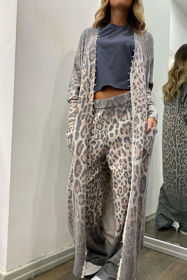 Comfort first Leopard Print Pocket Long Sleeve Cardigan Elastic Waist Pants Set-consonak