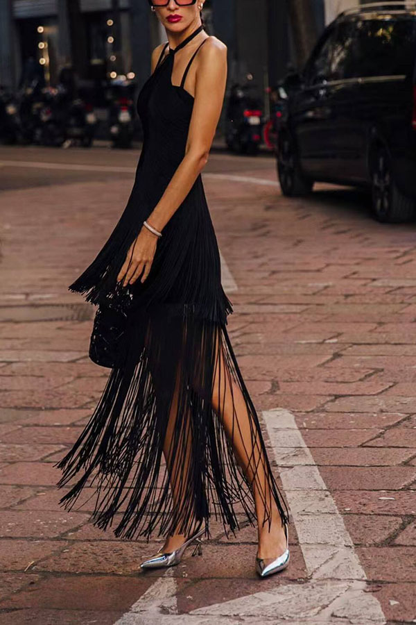 Sexy Halterneck Open Back Elegant Tassel Slim Maxi Dress-consonak