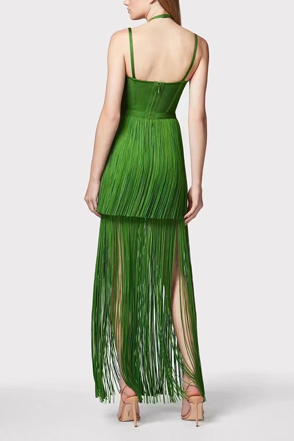 Sexy Halterneck Open Back Elegant Tassel Slim Maxi Dress-consonak