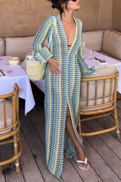 Eleanor Knit Colorful Wave Unique Print Shirt U-neck Long Sleeve Slit Maxi Dress-consonak