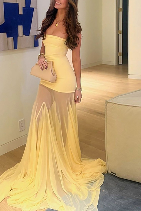 Solid Color Sleeveless Off-shoulder Mesh-paneled Fitted Maxi Dress-consonak