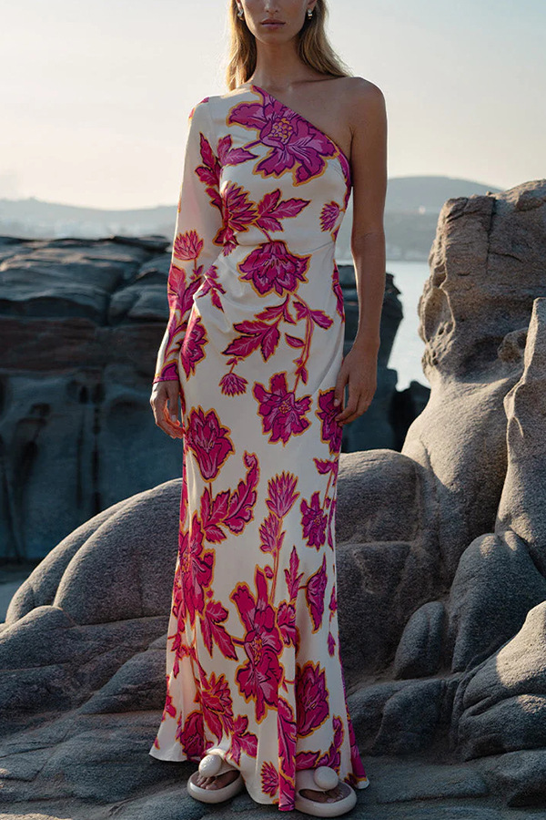 Rhia Satin Floral Print One Shoulder Flared Maxi Dress | Consonak