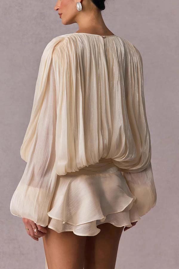 Ninah Glitter Fabric Pleated Balloon Sleeve Tiered Ruffle Hem Mini Dress-consonak