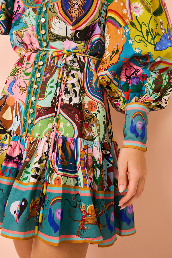 Touch of Luxury Unique Print Balloon Sleeve Button Shirt Mini Dress-consonak