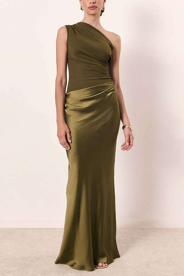 Kaia Satin Contrast Fabric Patchwork One Shoulder Ruched Maxi Dress | Consonak