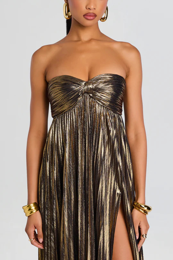 Metallic Sexy Tube Top Pleated High Slit Maxi Dress-consonak