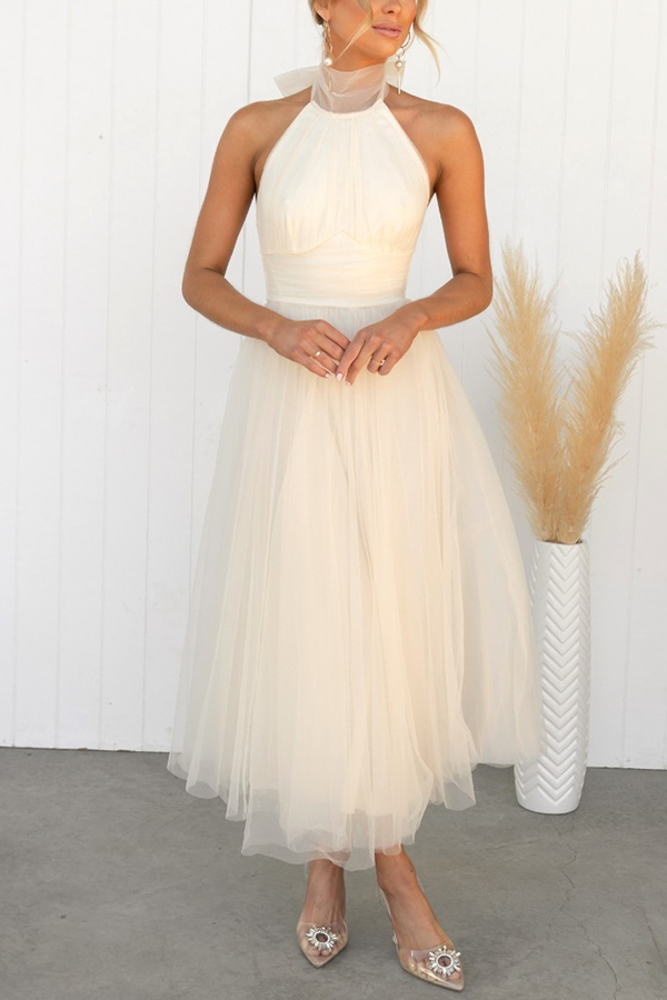 Fairy Vibes Tulle Gathered Detail Halter Maxi Dress-consonak