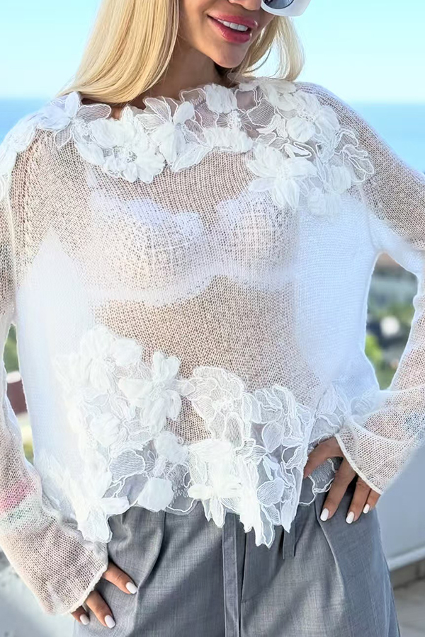 Fashionable Lace Floral Casual Knit See-through Long-sleeved Top