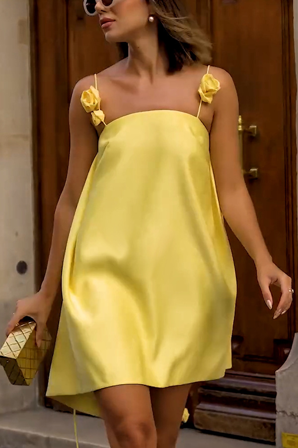 Women's new suspender satin dress INS casual loose vacation elegant yellow rose dress-consonak