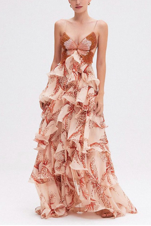 Ariae Butterfly Print Multi-layered Ruffles Backless Tie-up Maxi Dress | Consonak
