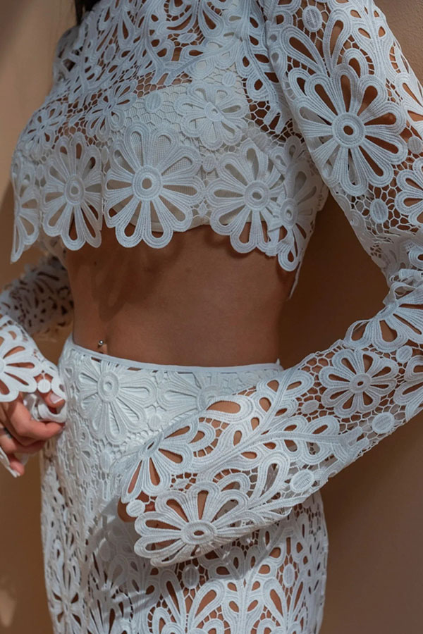 Balmy Summers Crochet Lace Floral Pattern Long Sleeve Crop Vacation Top | Consonak