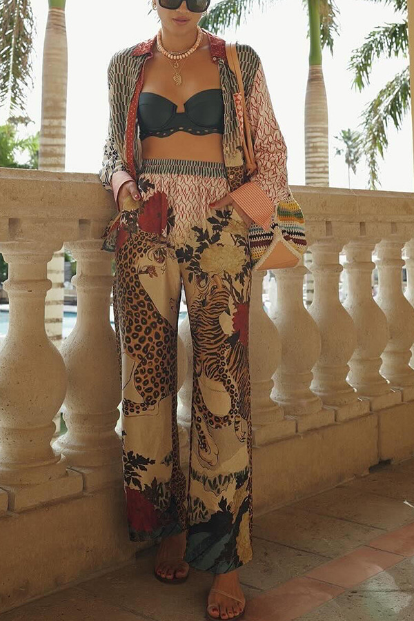 Tropical Jungle Tiger Unique Print Long Sleeve Loose Shirt and Elastic Waist Pants Set | Consonak