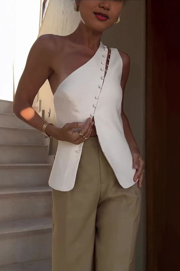 Full of Design Solid Color One Shoulder Asymmetric Slit Button Casual Vest-consonak