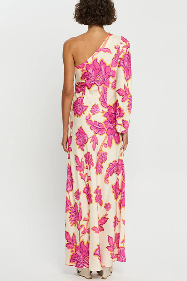 Rhia Satin Floral Print One Shoulder Flared Maxi Dress | Consonak