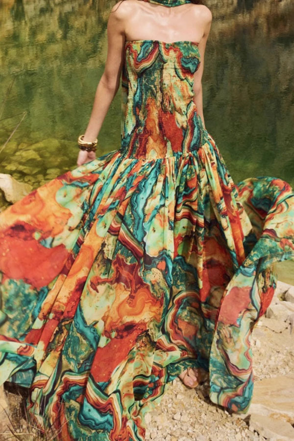 Vacay Vibes Colorful Lava Print Off Shoulder Smocked Scarf Maxi Dress-consonak