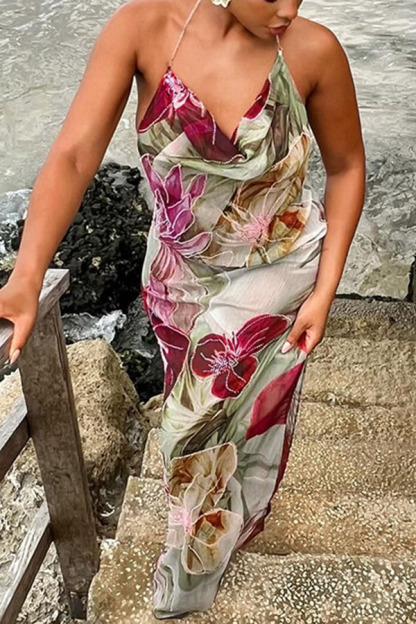 Floral Print Sexy Backless Slit See-Through Holiday Maxi Dress-consonak