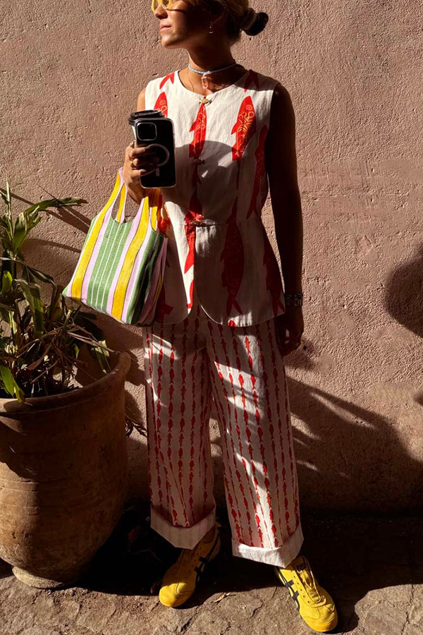 Good Luck Linen Blend Koi Pattern High Rise Elastic Waist Loose Pants-consonak