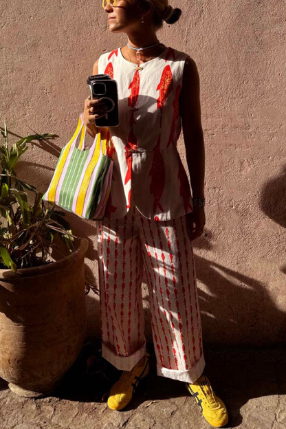 Good Luck Linen Blend Koi Pattern High Rise Elastic Waist Loose Pants-consonak