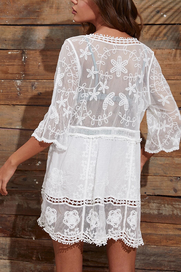 Lace V Neck Hollow Short Sleeved Cover Up-consonak