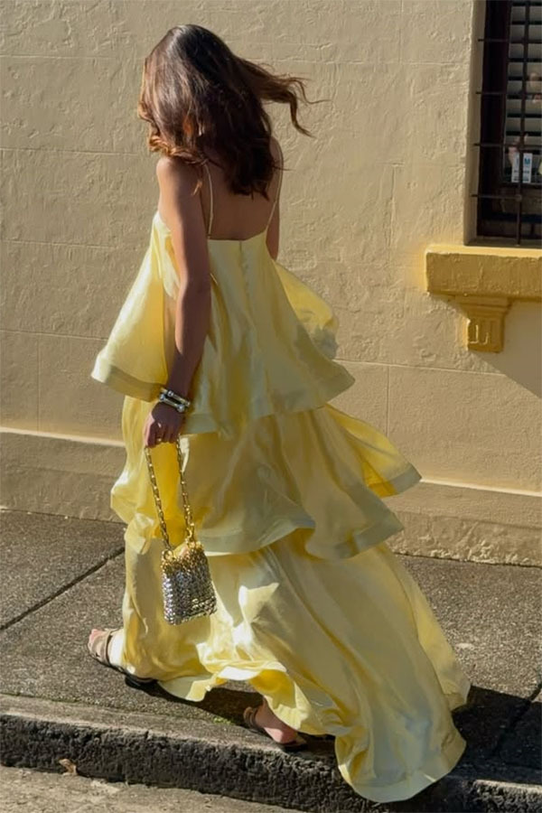 Soft and Smooth Satin Tiered Slip Square Neck A-line Maxi Dress | Consonak