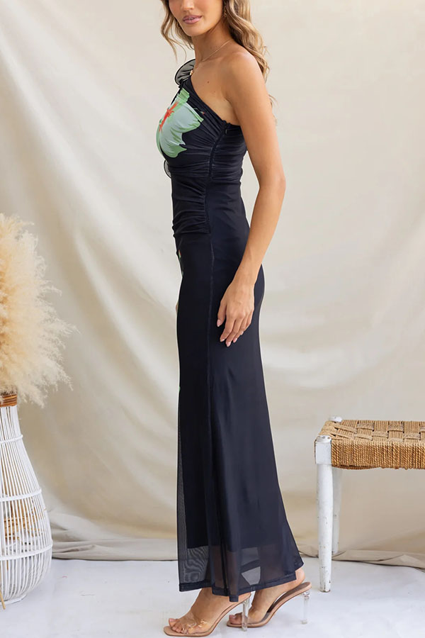 Floral Print One-shoulder Fitted Mesh Maxi Dress-consonak