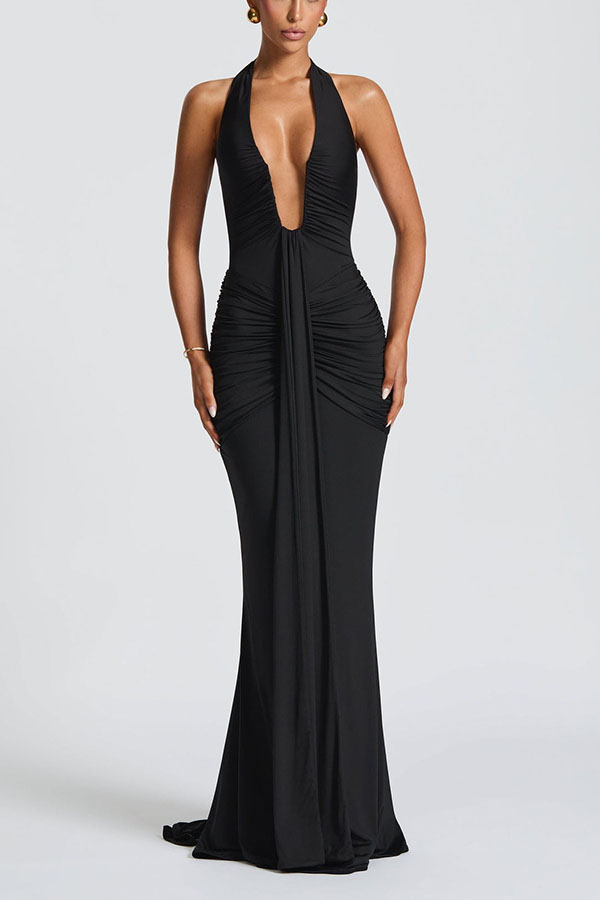 Solid Color Elegant Halterneck V-neck Open Back Tie Gathered Maxi Dress-consonak