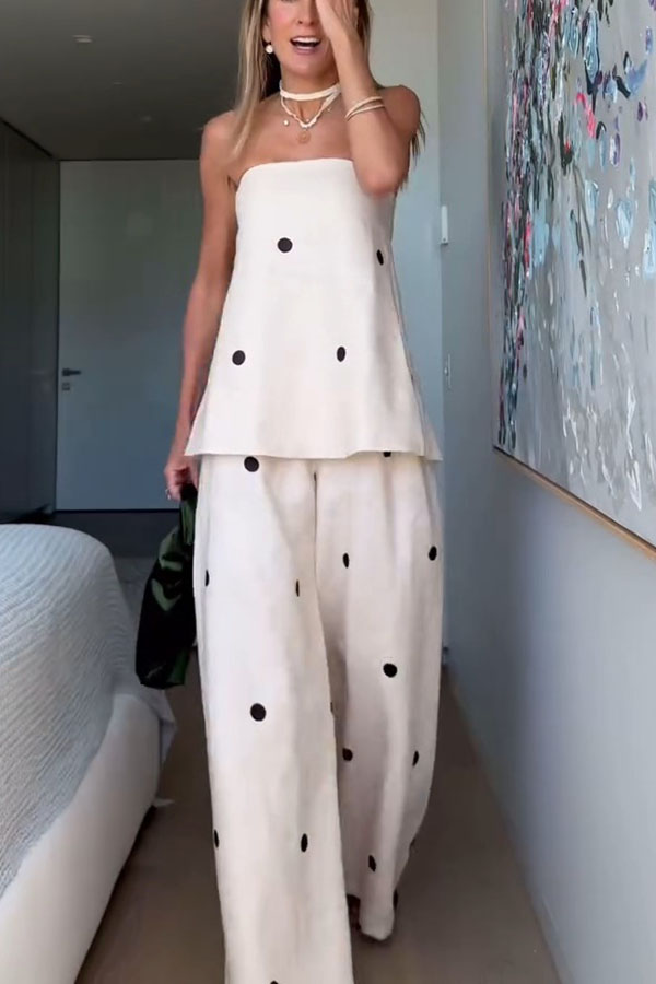 Linen Blend Polka Dot Bandeau Top and Elastic Waist Pocket Wide Leg Pants Set-consonak