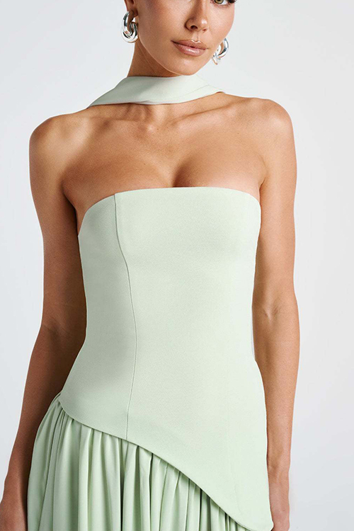 consonak Strapless Back Lace-up High Slit Splice Maxi Dress-consonak