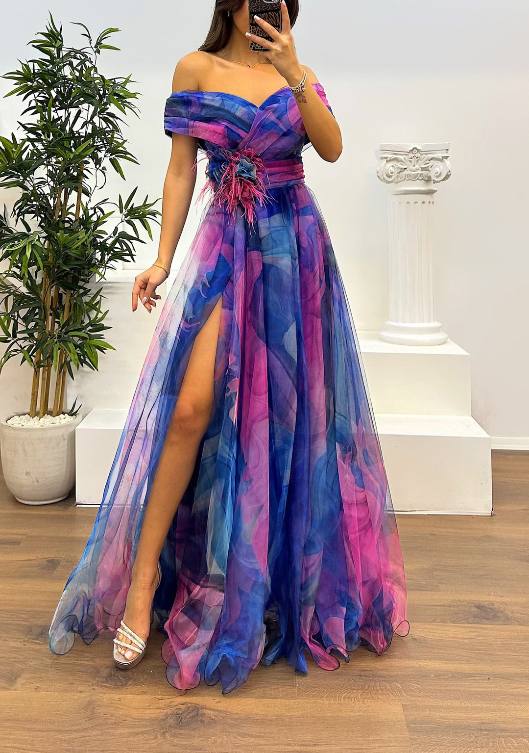 Fairy Flower Feather Pendant Elegant Fallen Fold Off Shoulder Party Split Design Long Dress-consonak