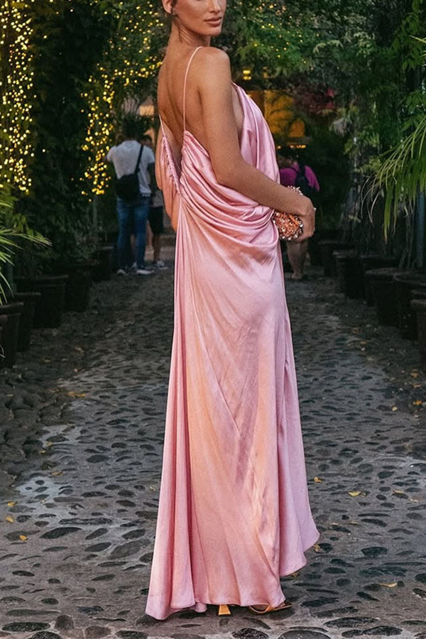 Venus Satin V-neck Draped Pleated Slip Loose Maxi Dress-consonak