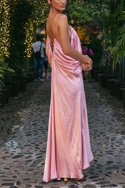 Venus Satin V-neck Draped Pleated Slip Loose Maxi Dress-consonak